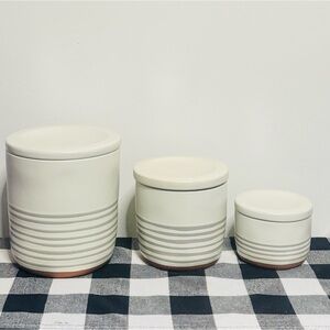 Hearth & Hand Magnolia Stoneware 3 Crocks Cream & Gray Stripes w/ Lids